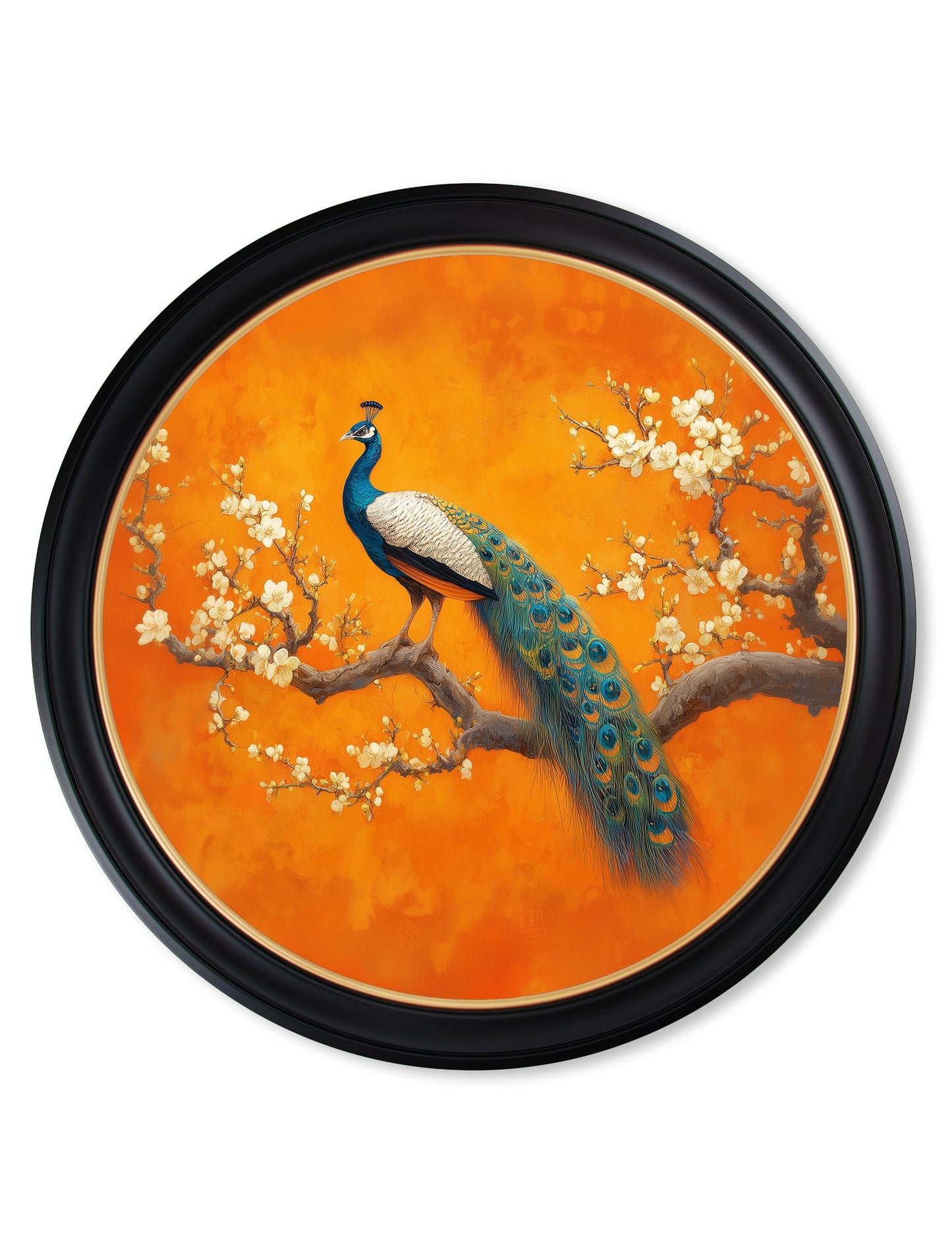 Peacocks In Saffron Garden – Oxford Round Frame styled view – Leya Buster Interiors