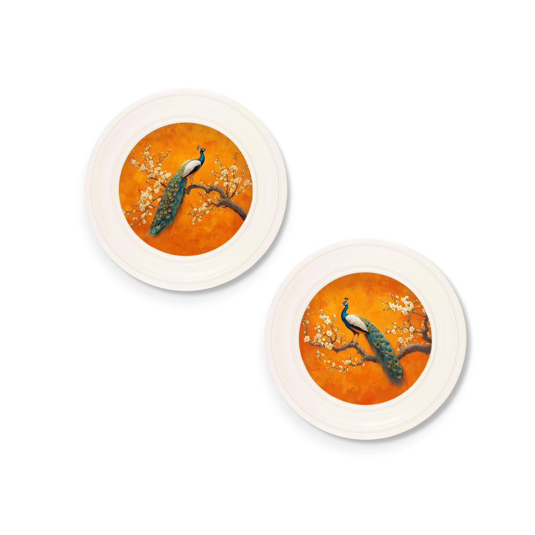 Peacocks In Saffron Garden – Oxford Strong White Round Frame styled view – Leya Buster Interiors