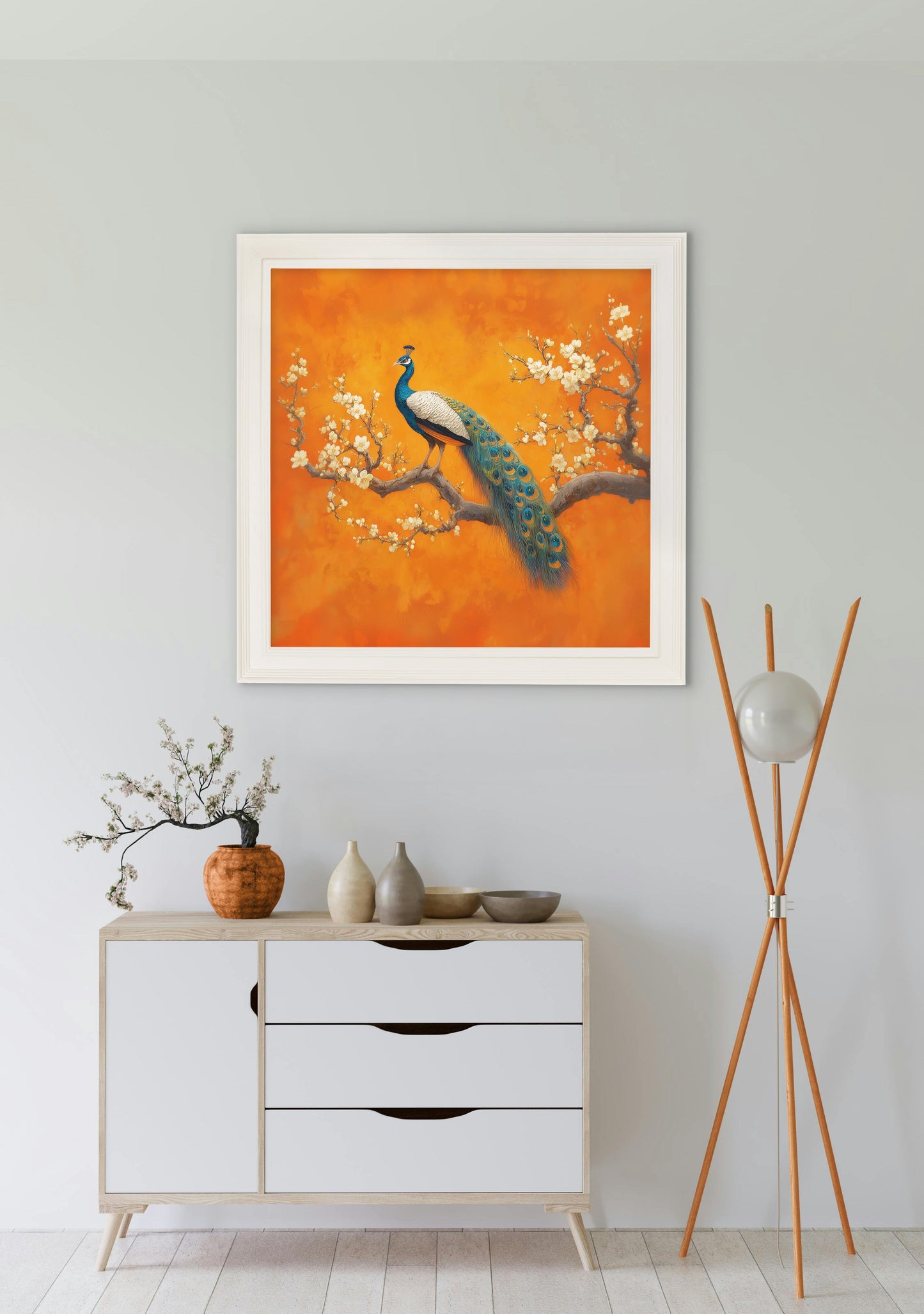 Peacocks In Saffron Garden – Cream Hurstwood Square Frame styled view – Leya Buster Interiors