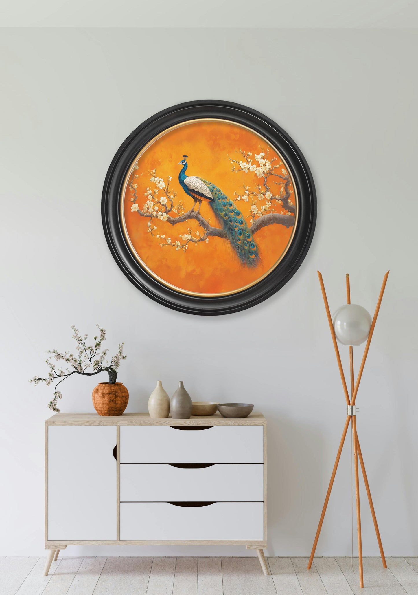 Peacocks In Saffron Garden – Oxford Round Frame styled view – Leya Buster Interiors