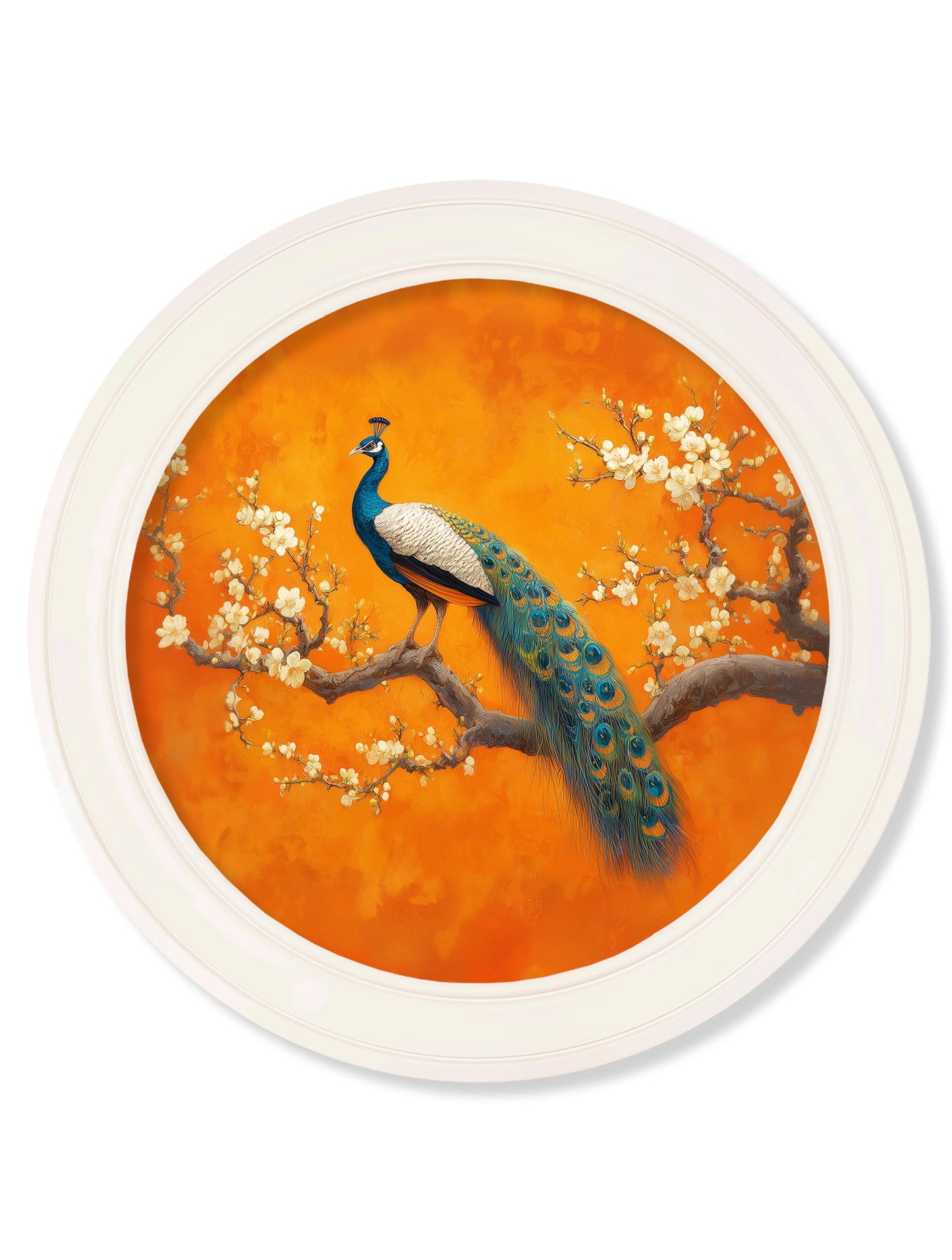 Peacocks In Saffron Garden – Oxford Strong White Round Frame styled view – Leya Buster Interiors