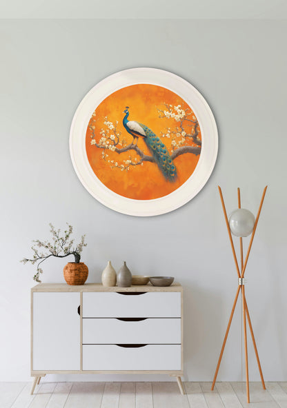 Peacocks In Saffron Garden – Oxford Strong White Round Frame styled view – Leya Buster Interiors