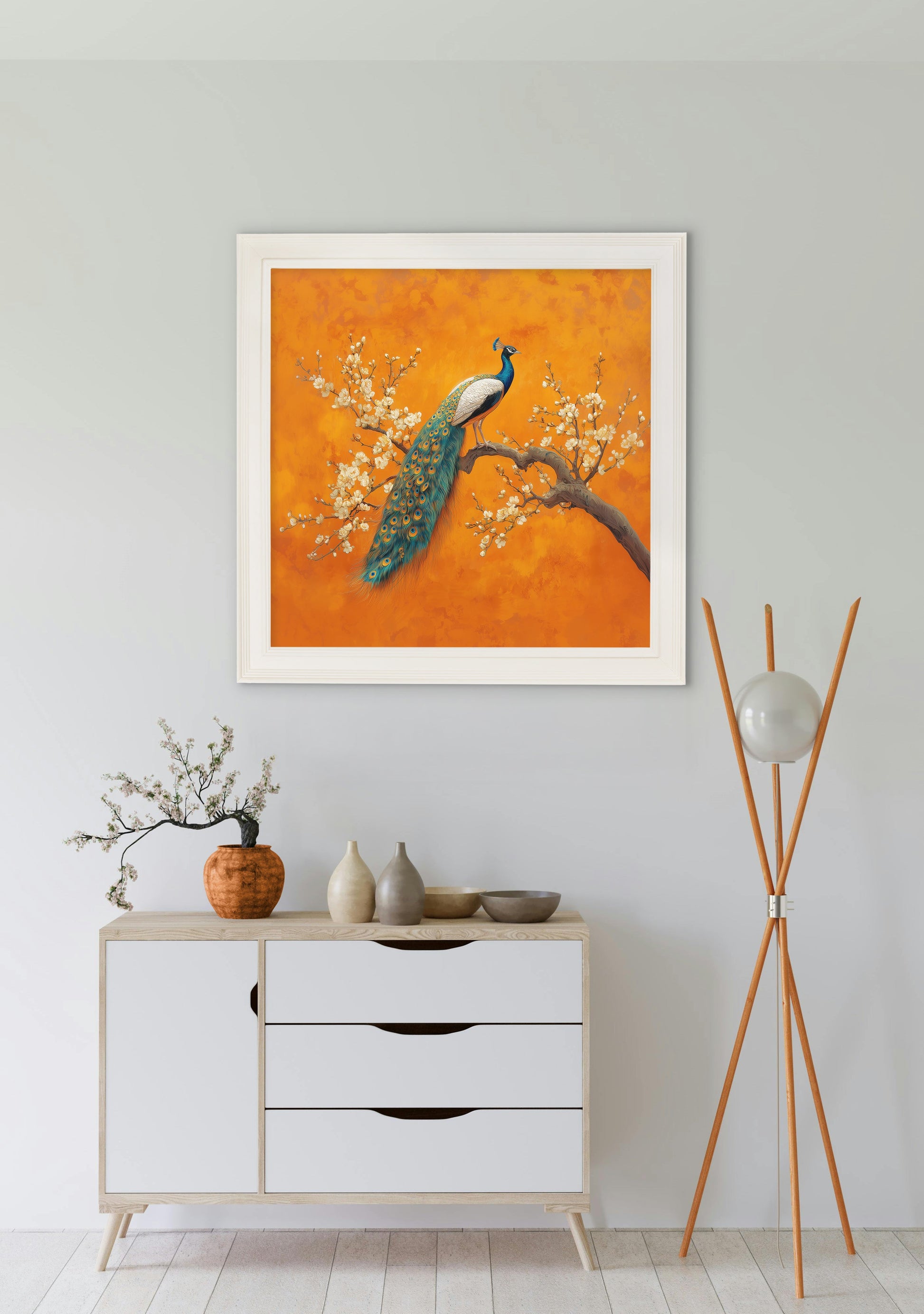 Peacocks In Saffron Garden – Cream Hurstwood Square Frame styled view – Leya Buster Interiors