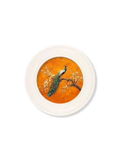 Peacocks In Saffron Garden – Oxford Strong White Round Frame styled view – Leya Buster Interiors