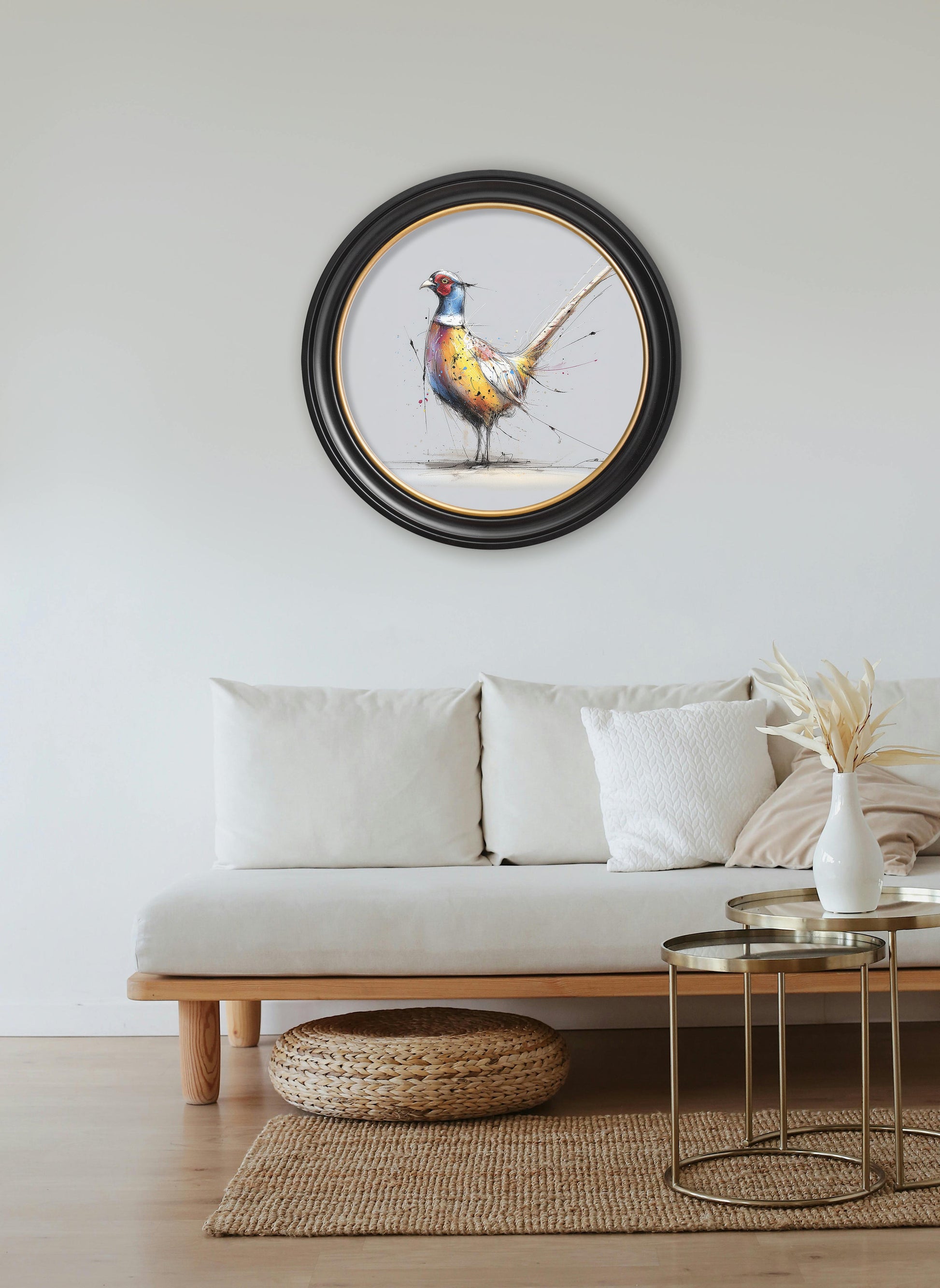 Plump Pheasant Cosy Sketch – Oxford Round Frame – framed wall art at Leya Buster Interiors