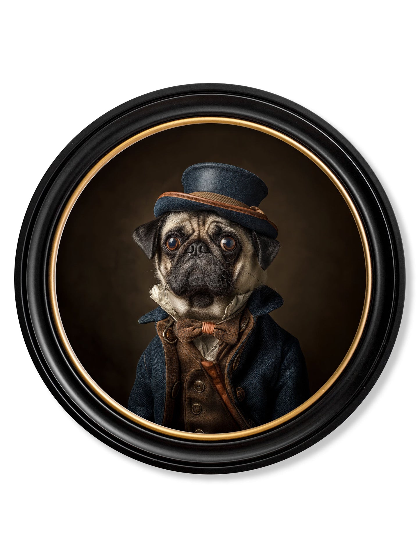 Sir Puggington – Gentleman Pug Oxford Round Frame detail – Leya Buster Interiors