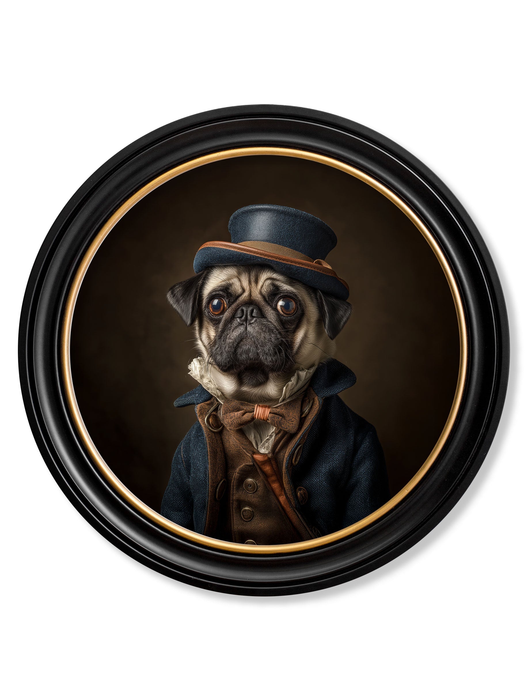 Sir Puggington – Gentleman Pug Oxford Round Frame detail – Leya Buster Interiors
