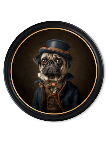 Sir Puggington – Gentleman Pug Oxford Round Frame styled view – Leya Buster Interiors