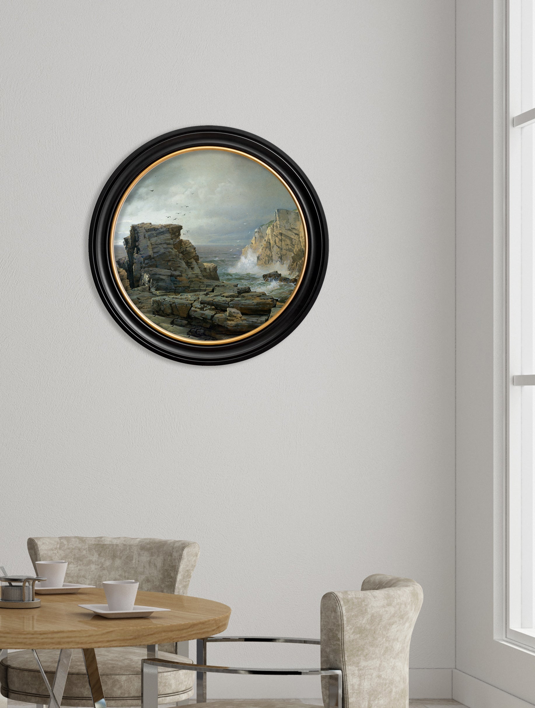 c.1877 Rocky Coast – Round Frame – framed wall art at Leya Buster Interiors