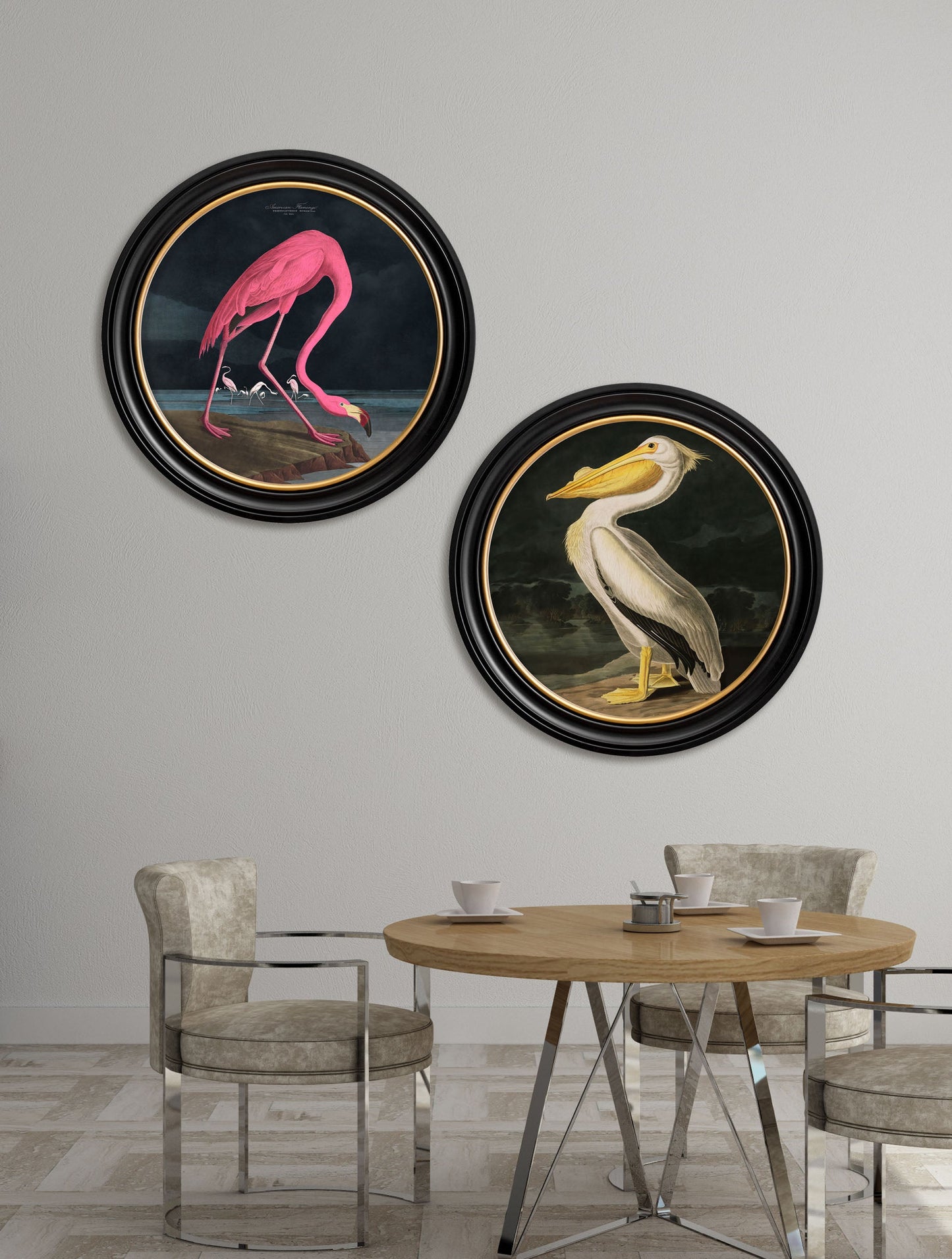 c.1838 Audubon's Flamingo – Dark – Round Frame – framed wall art at Leya Buster Interiors