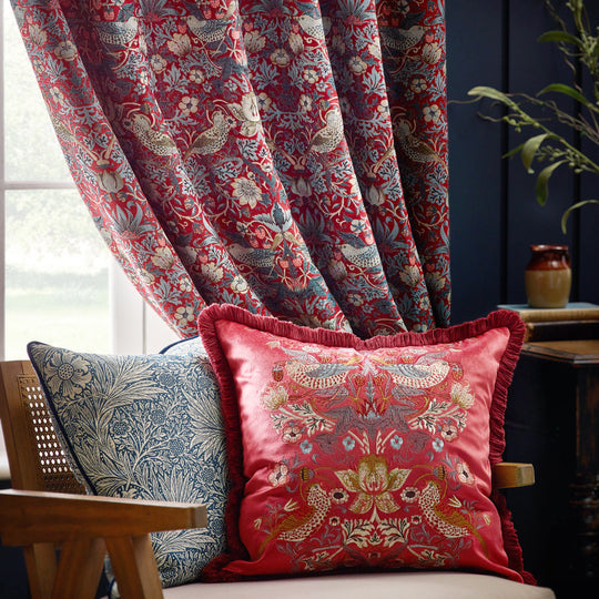 Morris & Co - Strawberry Thief Velvet Embroidered Cushion - Berry Red