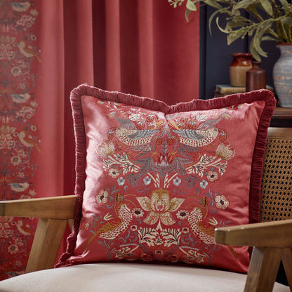 Morris & Co – Strawberry Thief Velvet Embroidered Cushion – Berry Red – decorative cushion at Leya Buster Interiors