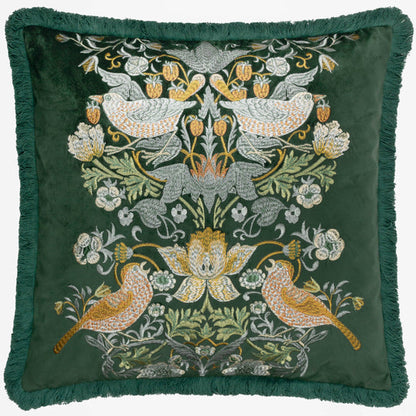 Morris & Co – Strawberry Thief Velvet Embroidered Cushion – Forest Green styled view – Leya Buster Interiors