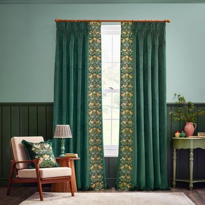 Morris & Co – Strawberry Thief Velvet Embroidered Cushion – Forest Green styled view – Leya Buster Interiors