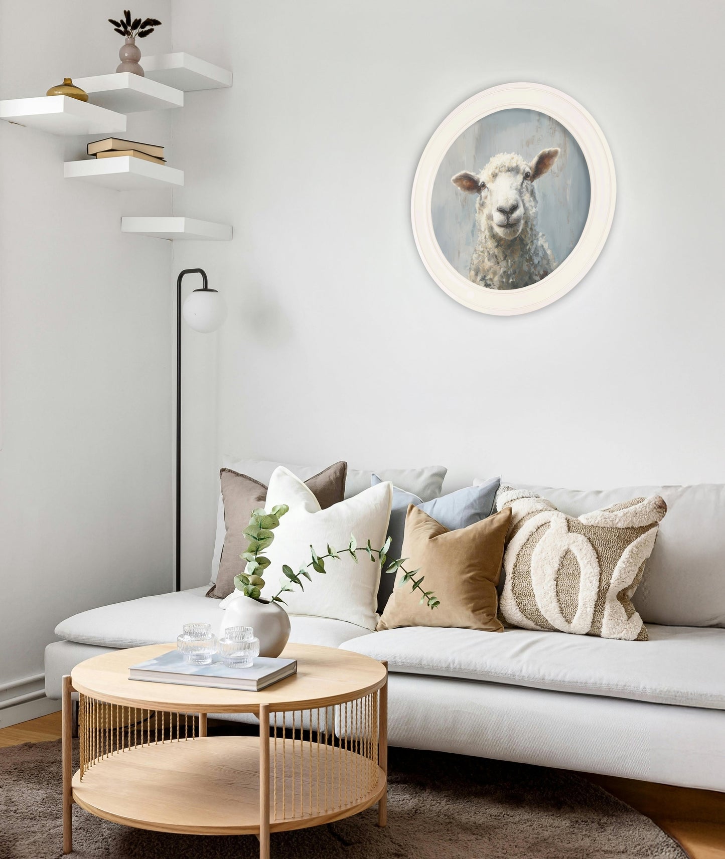 The Jolly Sheep – Oxford Strong White Round Frame – framed wall art at Leya Buster Interiors