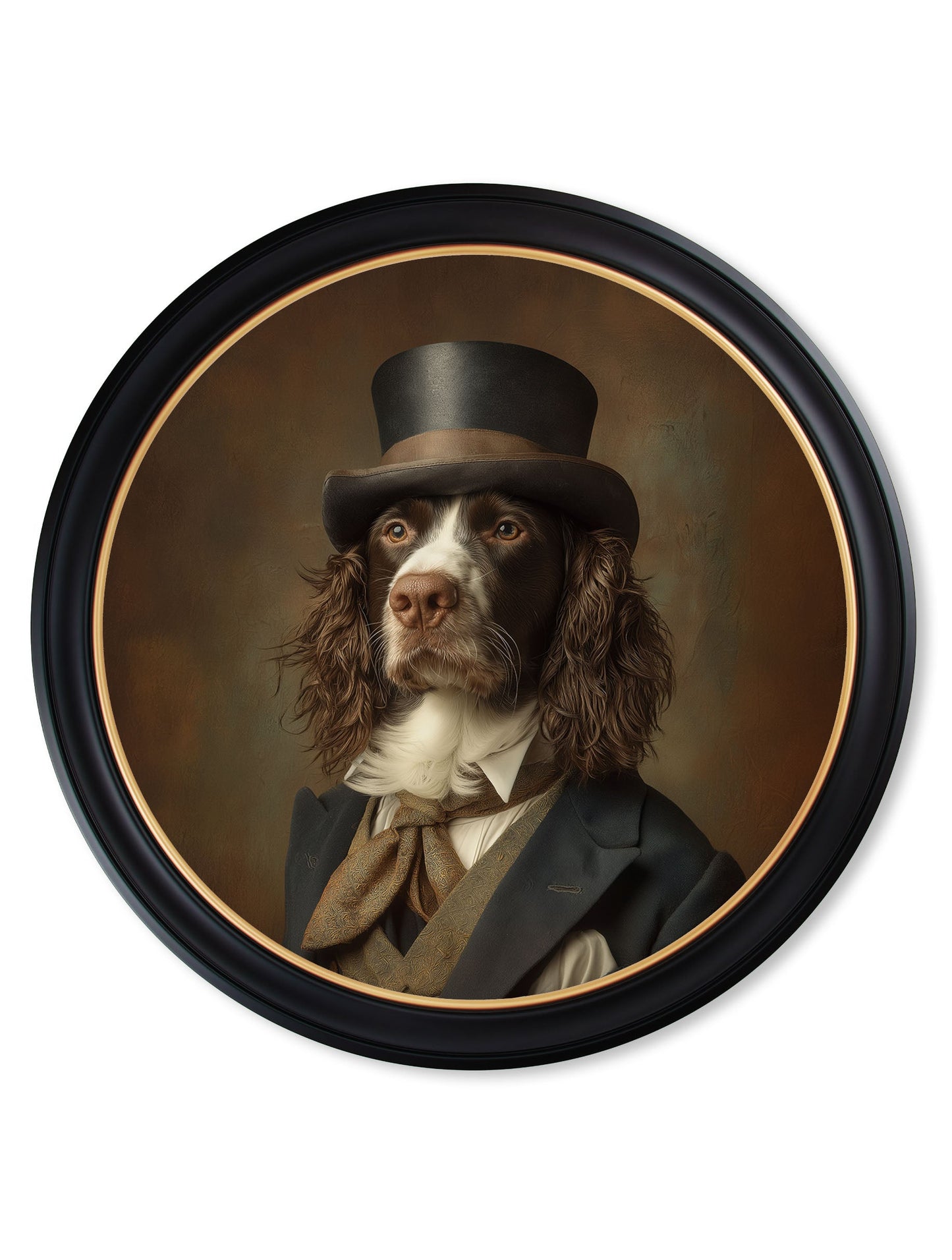 Duke Springly – Gentleman Springer Spaniel Oxford Round Frame styled view – Leya Buster Interiors