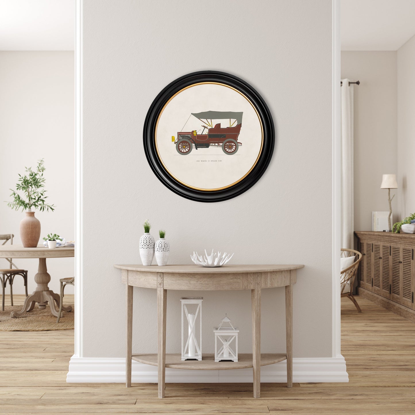1905 WHITE 15 STEAM CAR in Round Frame – framed wall art at Leya Buster Interiors