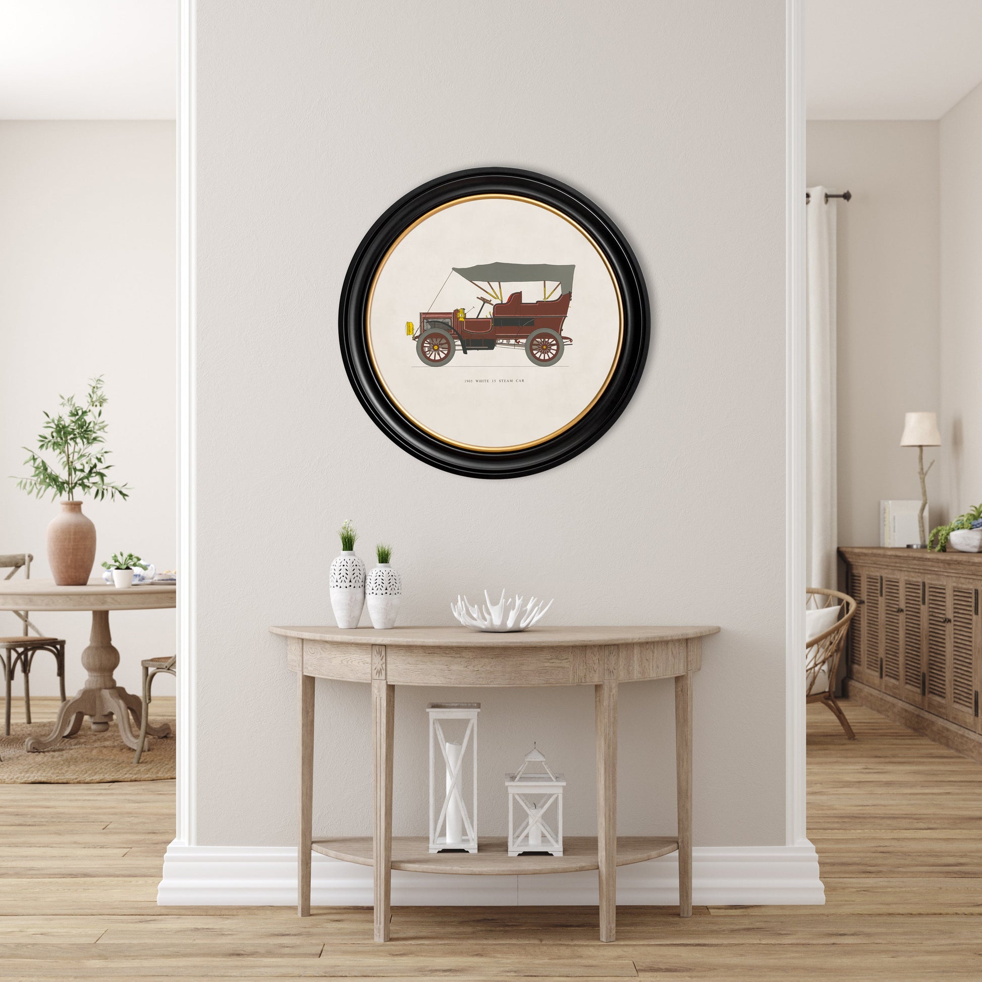 1905 WHITE 15 STEAM CAR in Round Frame – framed wall art at Leya Buster Interiors