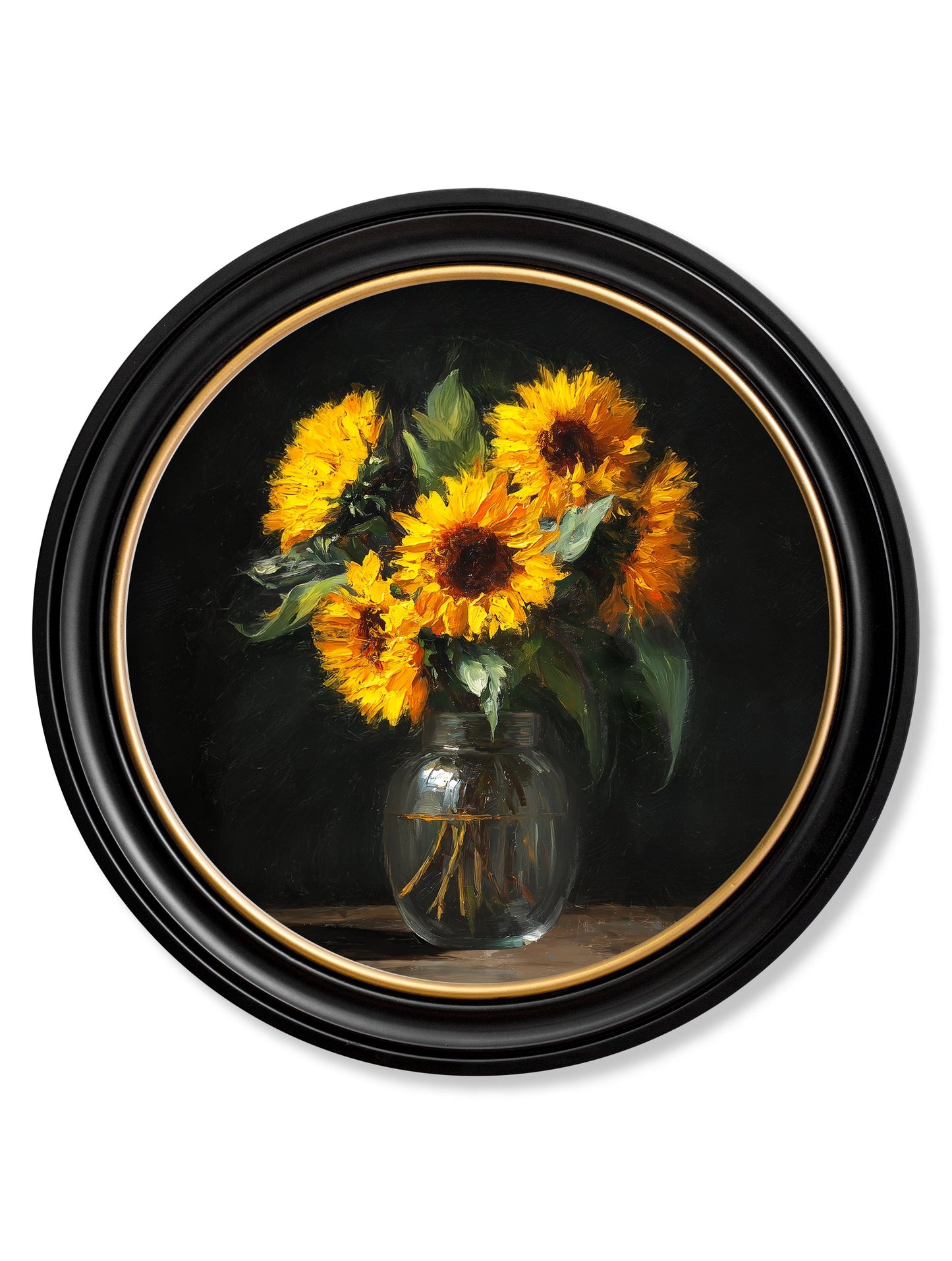 Sunflowers After Dark – Oxford Round Frame detail – Leya Buster Interiors