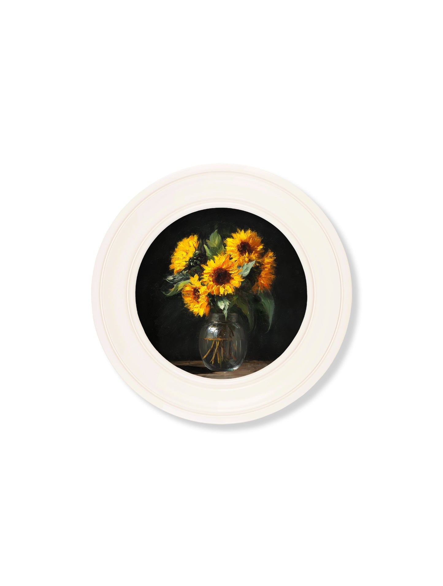 Sunflowers After Dark – Oxford Strong White Round Frame styled view – Leya Buster Interiors