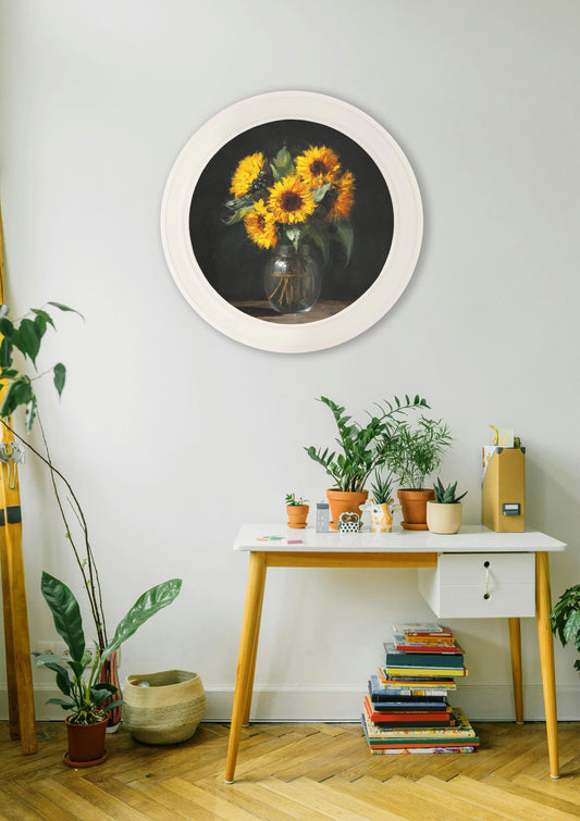 Sunflowers After Dark – Oxford Strong White Round Frame – framed wall art at Leya Buster Interiors