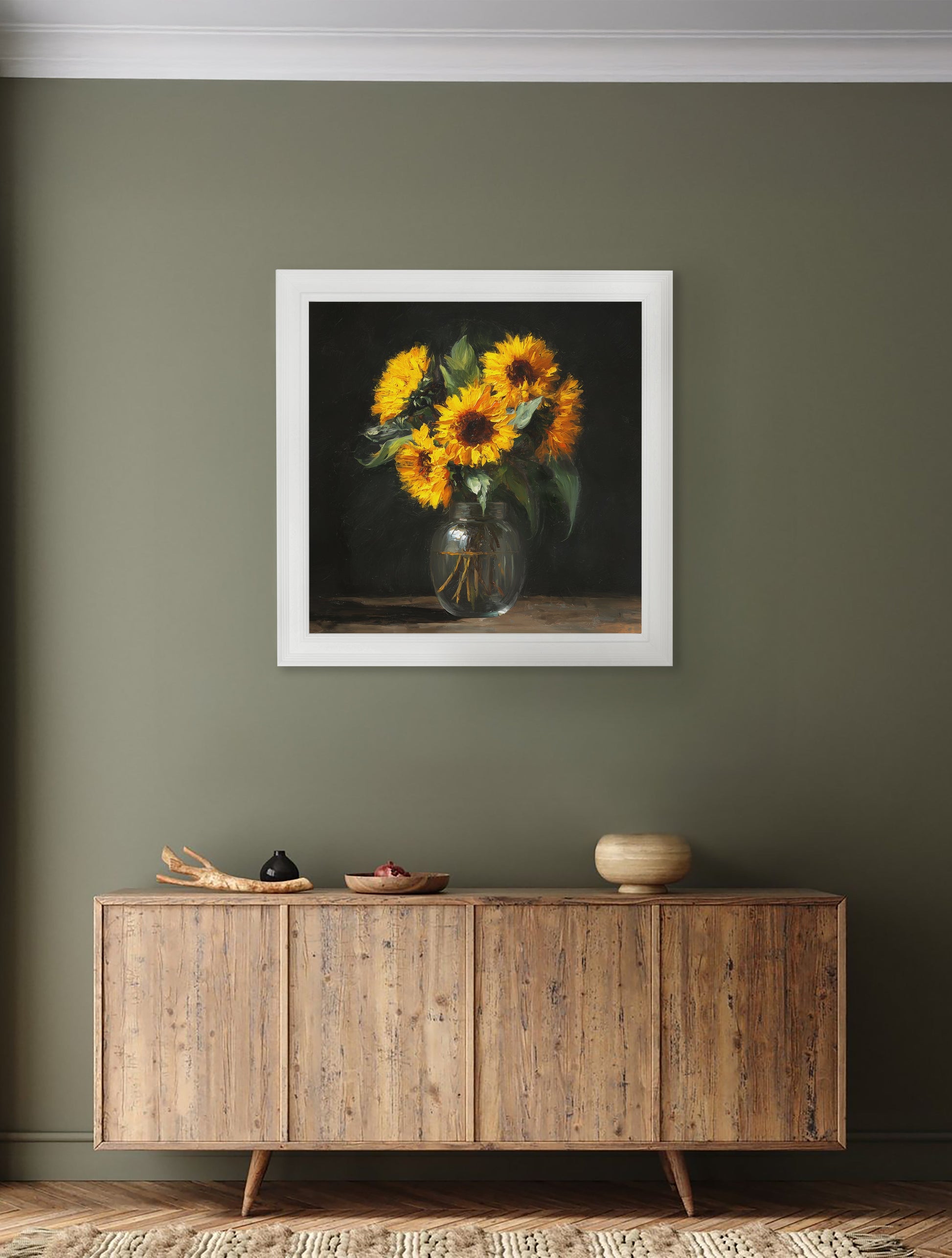 Sunflowers After Dark – White Hurstwood Square Frame – framed wall art at Leya Buster Interiors