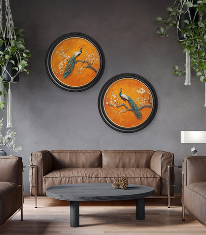 Peacocks In Saffron Garden – Oxford Round Frame – framed wall art at Leya Buster Interiors