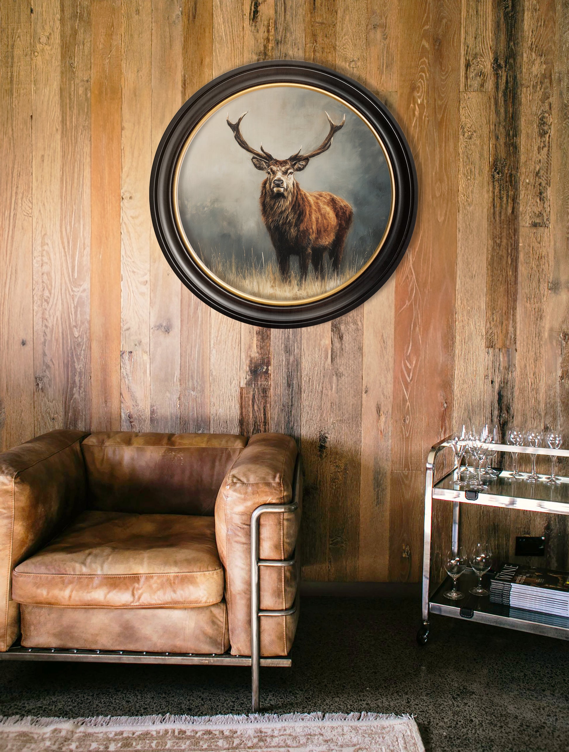 Highland Stag – Oxford Round Frame – framed wall art at Leya Buster Interiors