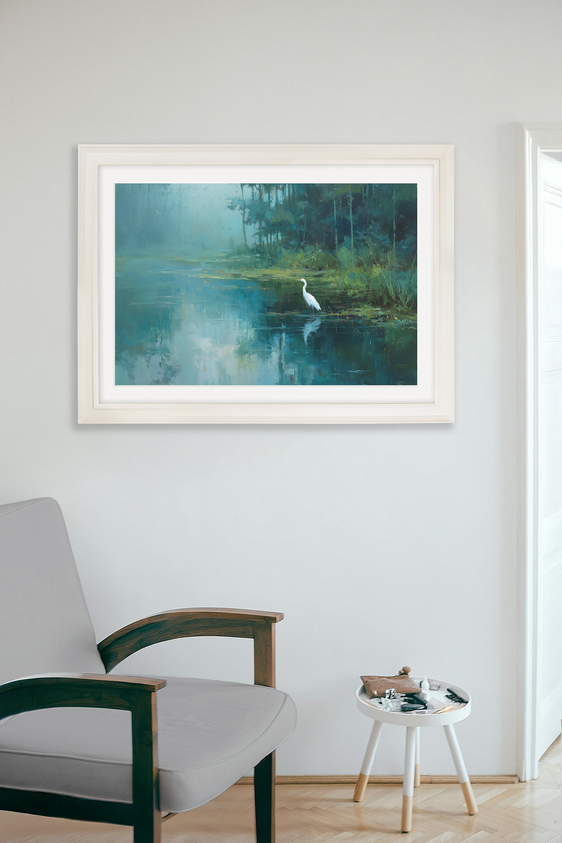Misty Lake Great Egret – Cream Hurstwood Frame – framed wall art at Leya Buster Interiors