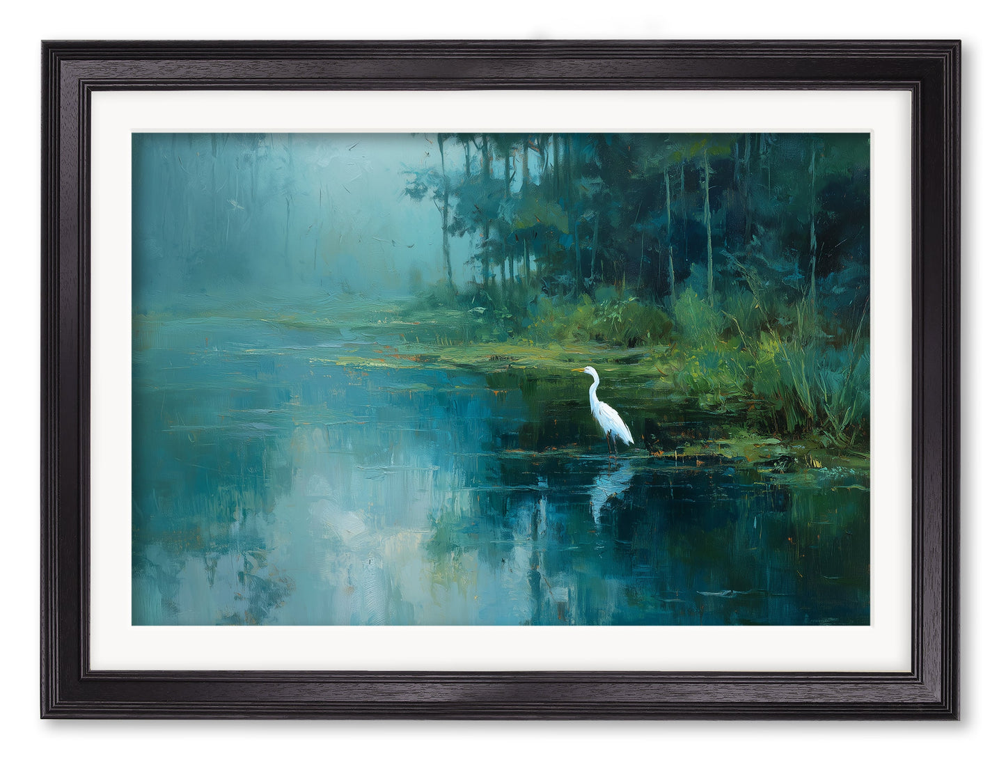 Misty Lake Great Egret – Black Hurstwood Frame detail – Leya Buster Interiors