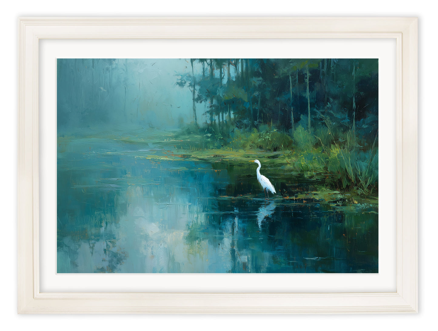 Misty Lake Great Egret – Cream Hurstwood Frame detail – Leya Buster Interiors