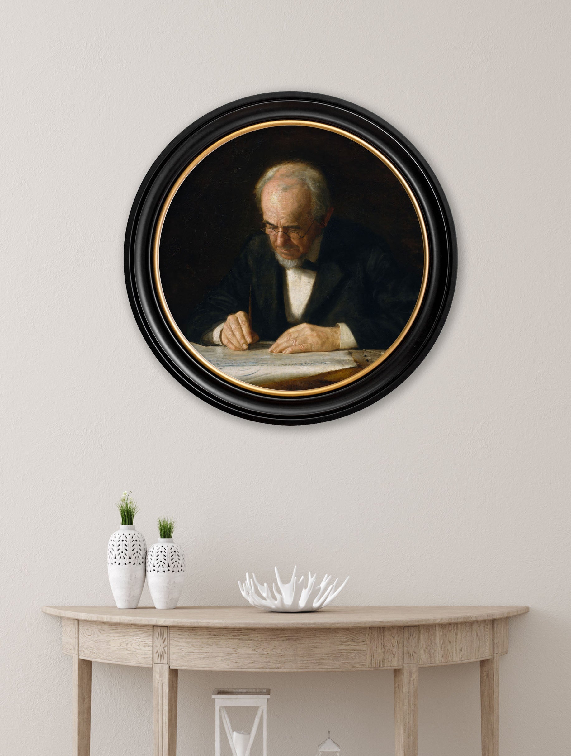 c.1882 The Writing Master – Thomas Eakins – Round Frame – framed wall art at Leya Buster Interiors