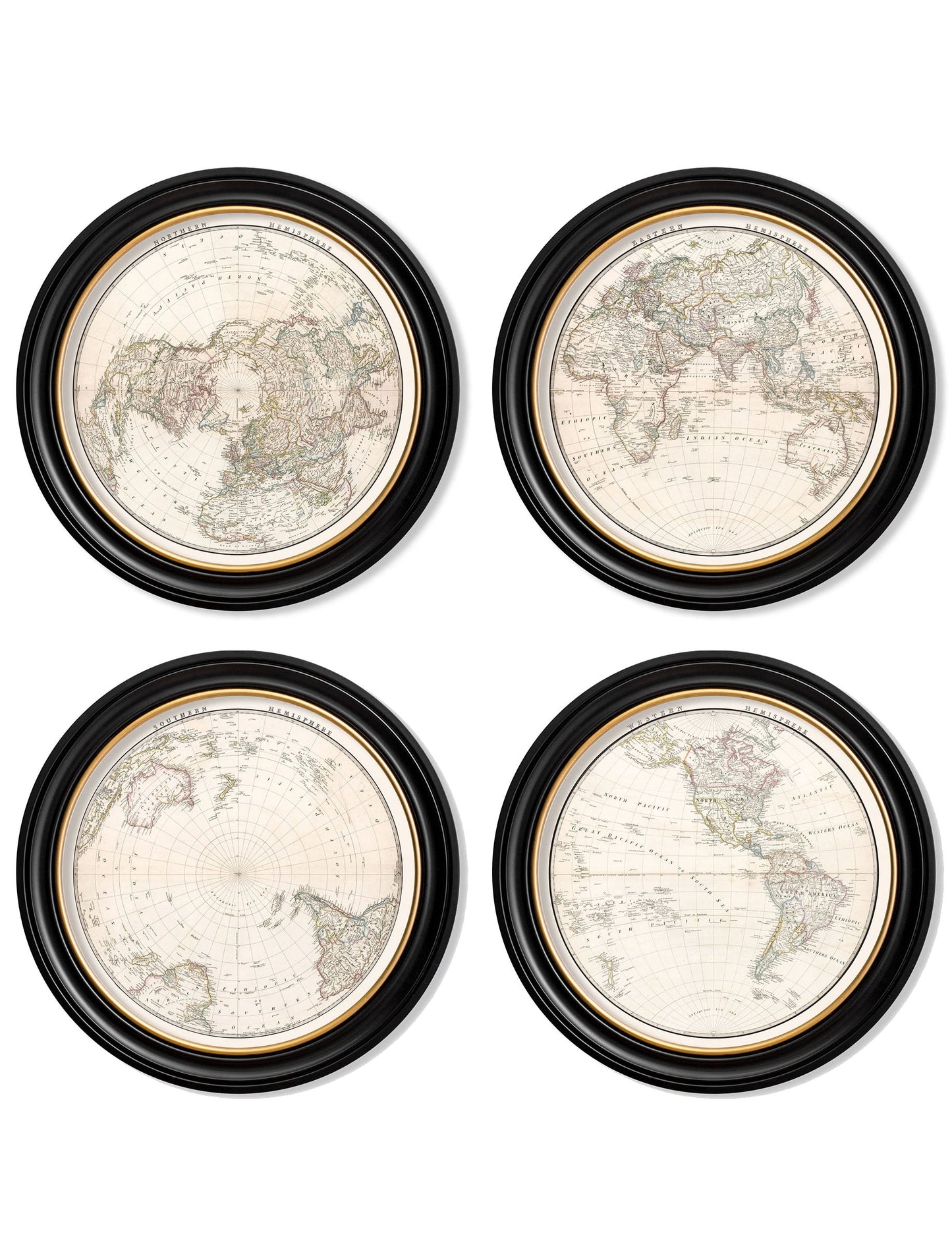 c.1838 World Map Hemispheres in Round Frames detail – Leya Buster Interiors