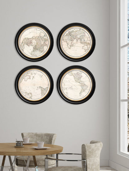 c.1838 World Map Hemispheres in Round Frames – framed wall art at Leya Buster Interiors