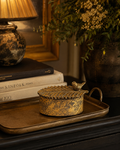 Antique gold bird trinket box shown from an alternative angle.