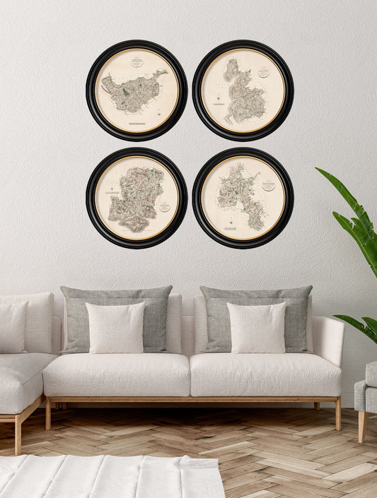 c.1806 County Maps of England – Round – framed wall art at Leya Buster Interiors