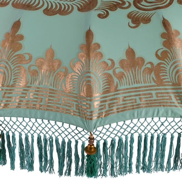 Hand painted pattern detail on the Riviera Mint handmade Balinese-style parasol canopy