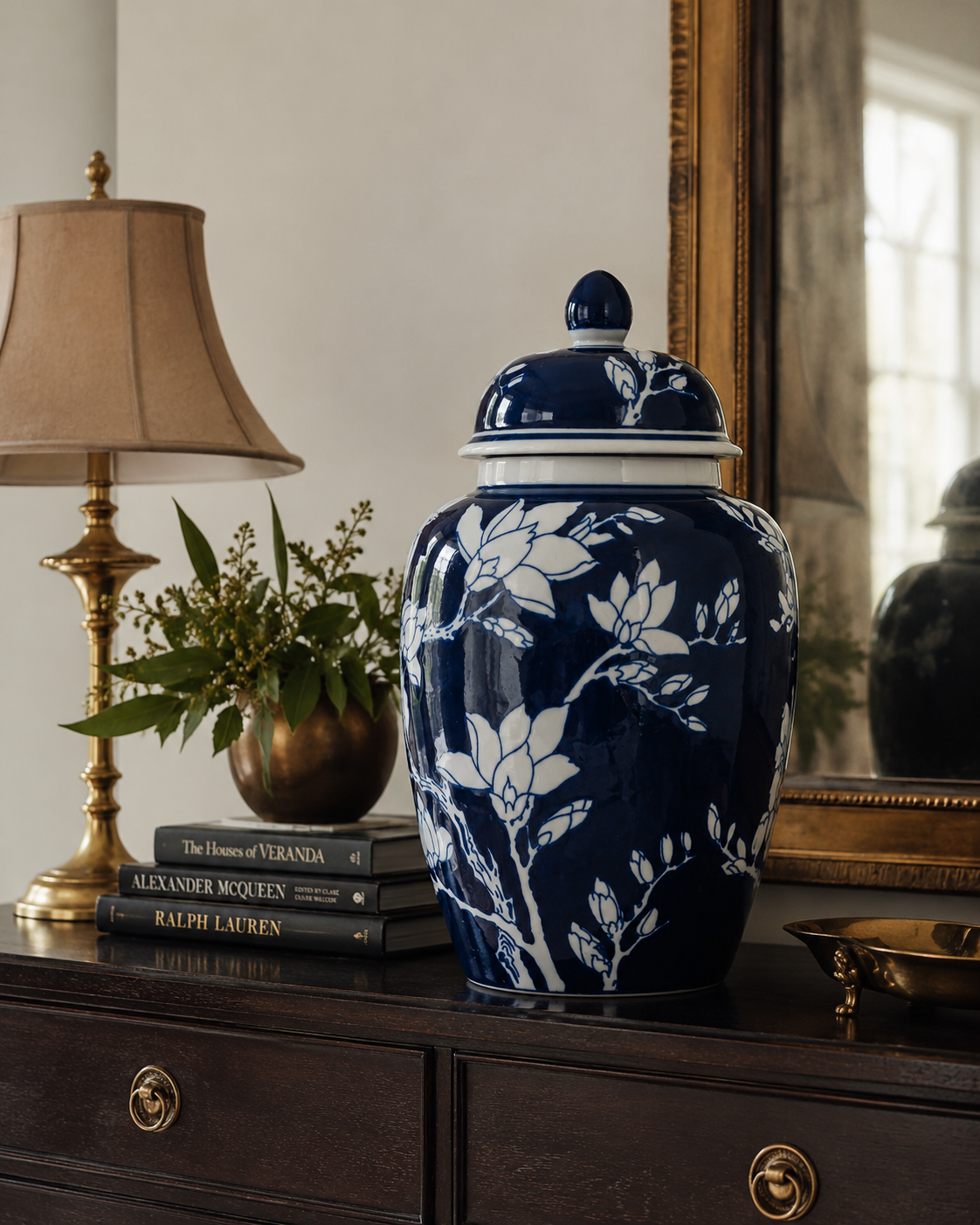 Large Blue Magnolia Ginger Jar