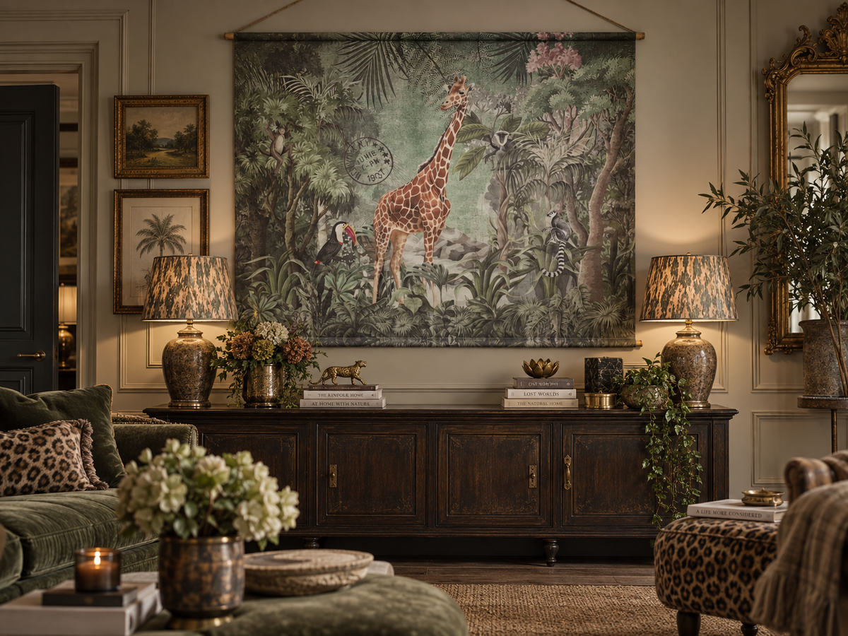 Wide giraffe jungle canvas wall art for a living room