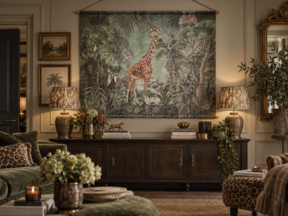 Wide giraffe jungle canvas wall art for a living room