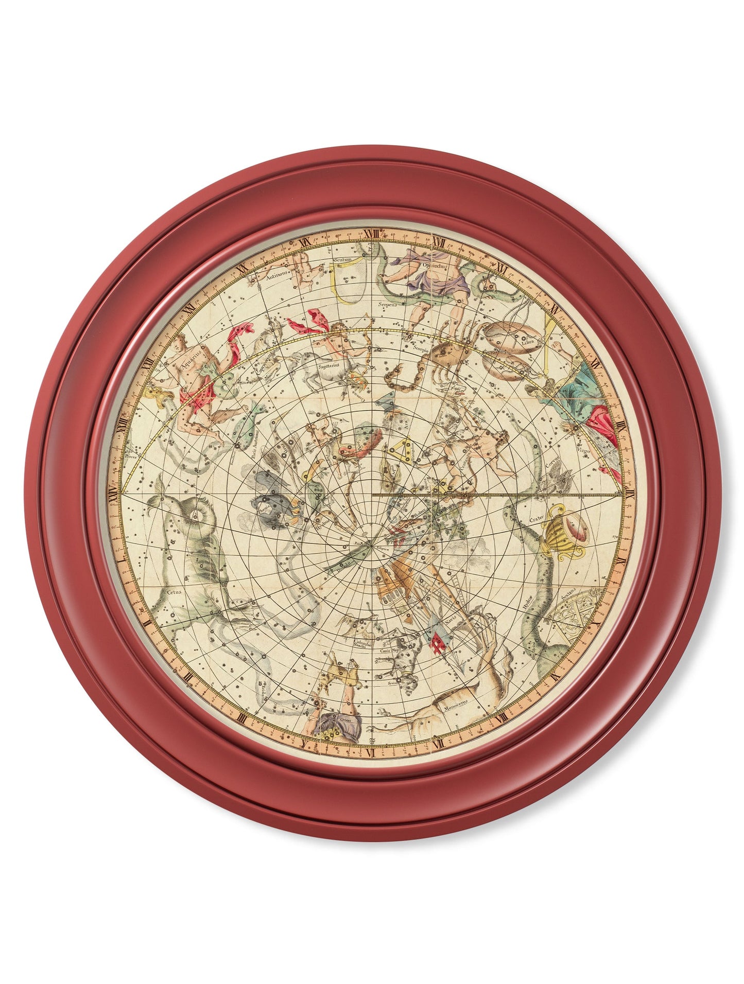c.1820 Map of Constellations – Round Frame Red styled view – Leya Buster Interiors