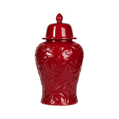 Glossy Red Leaf – Patterned Ceramic Ginger Jar styled view – Leya Buster Interiors