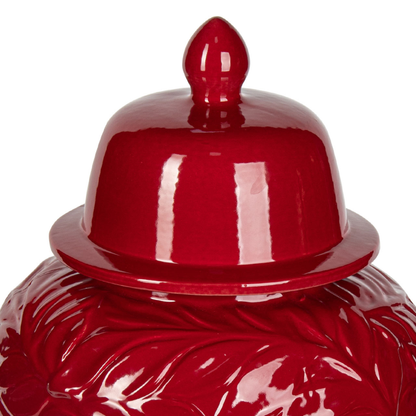 Glossy Red Leaf – Patterned Ceramic Ginger Jar styled view – Leya Buster Interiors