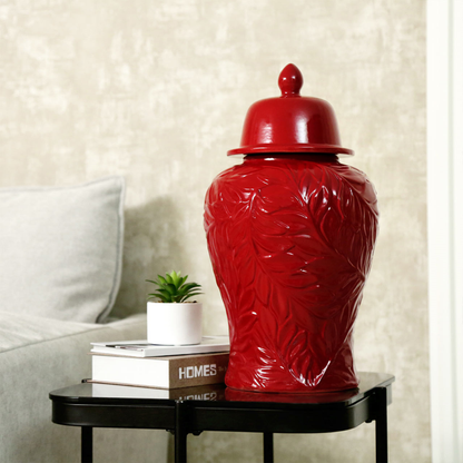 Glossy Red Leaf – Patterned Ceramic Ginger Jar styled view – Leya Buster Interiors