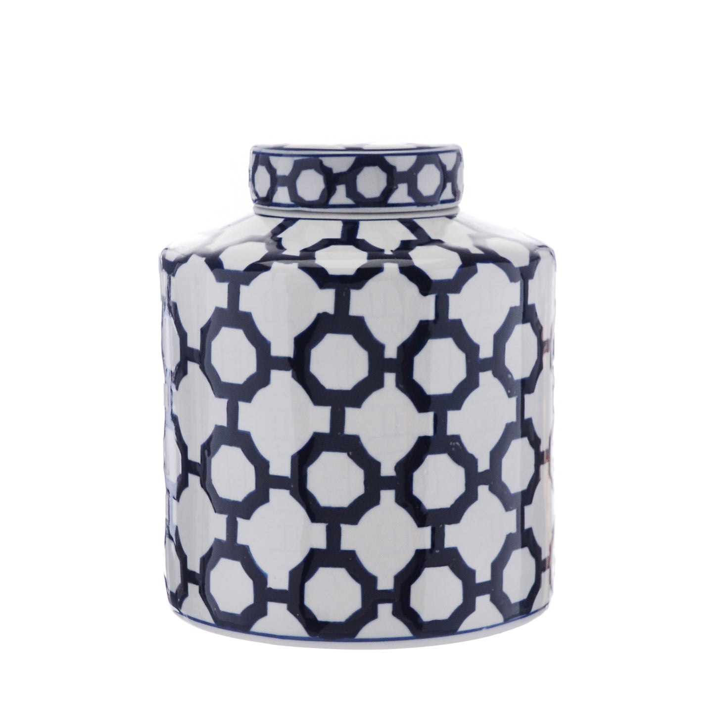 Short Blue & White Geometric Ginger Jar detail – Leya Buster Interiors
